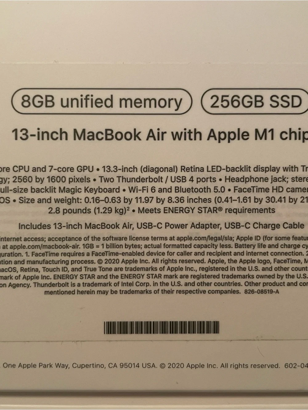 Apple MacBook Air 13” 2020 M1 Chip Model A2337 256GB Silver EMPTY BOX